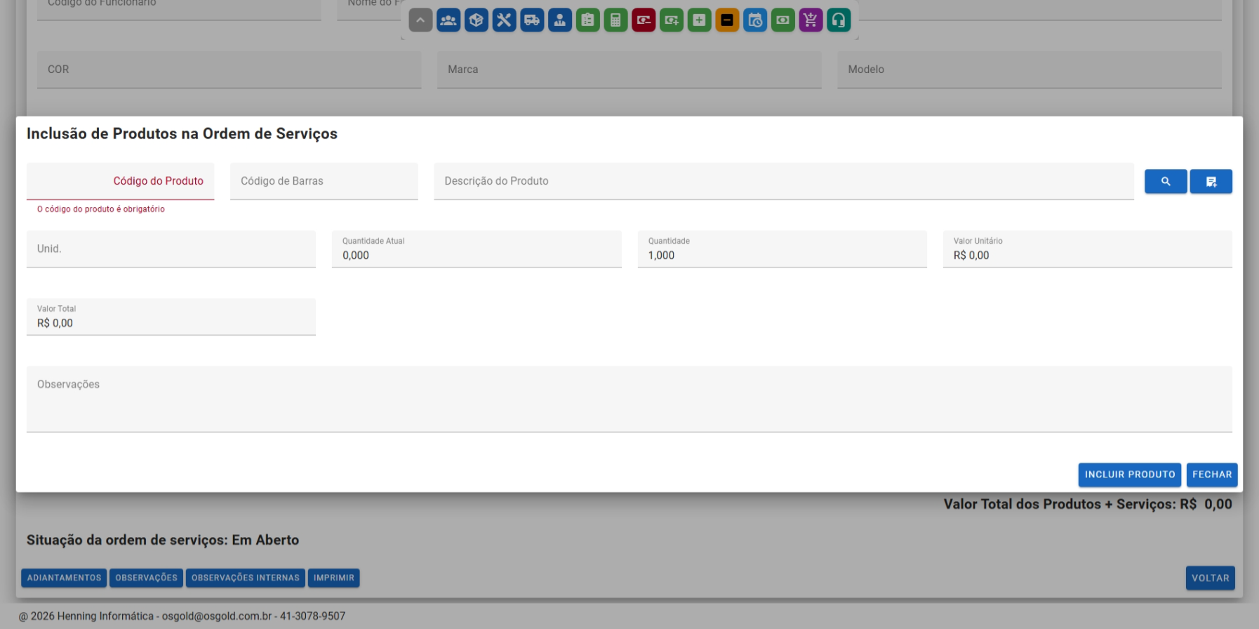 Tela de inclusão de produtos na Ordem de Serviços