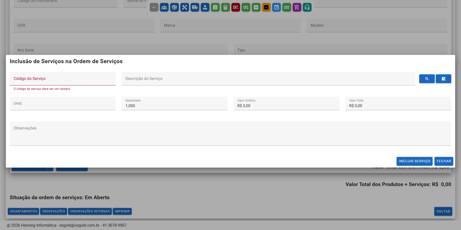 Tela de inclusão de serviços na Ordem de Serviços