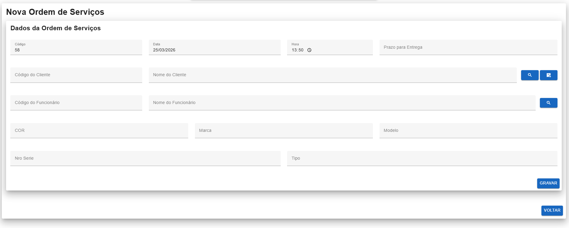 Tela de listagem de Ordens de Serviço com filtros por data, situação e cliente