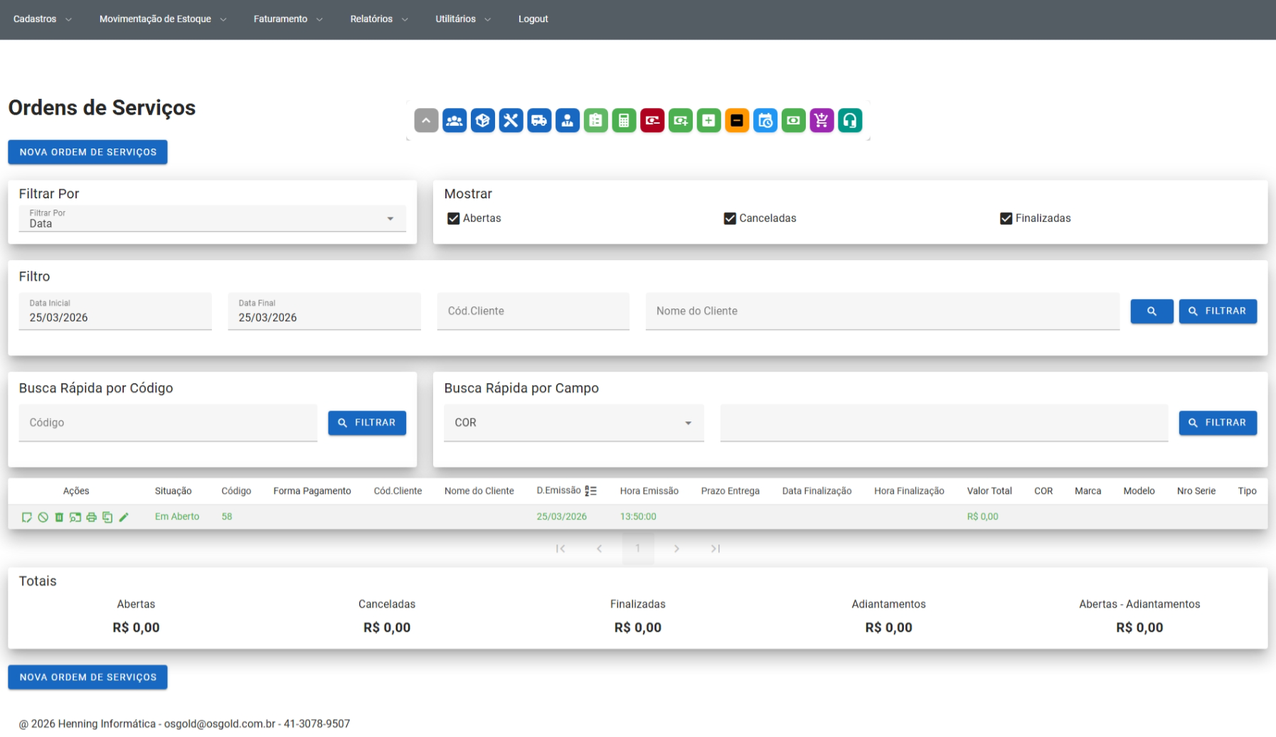 Tela de Nova Ordem de Serviços com os campos personalizáveis